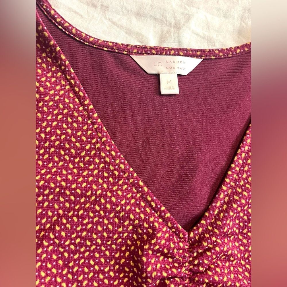 Lauren Conrad Women’s Maroon Midi Dress with Knot Sleeve Size Medium - Picture 6 of 16
